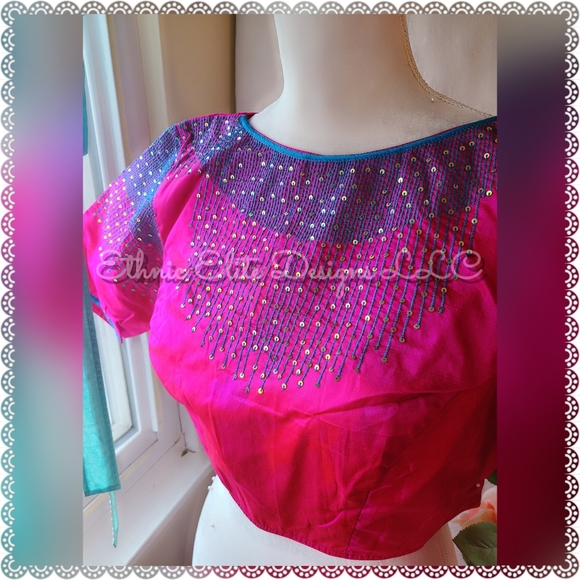 New Pink Blue handmade Embroidered silk cotton blouse - Picture 6 of 8